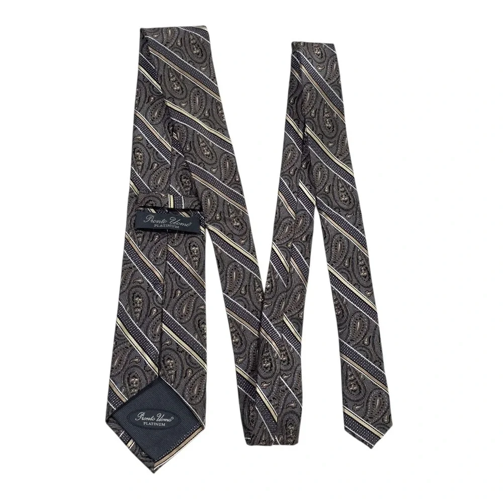Pronto Uomo Platinum Paisley Silk Tie Mens Woven Striped Pattern Gray‎ Gold